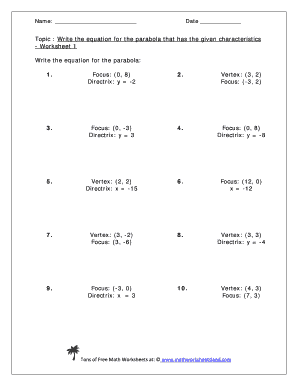 Write the Equation for the Parabola that Has the Given Characteristics Worksheet 1 Answers  Form