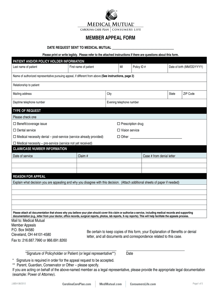  Medical Mutual of Ohio Appeal Form 2012-2024