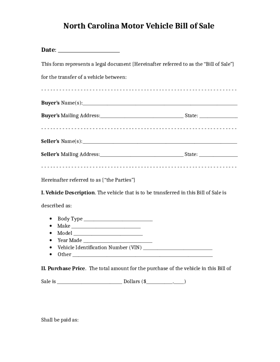 Nc Bill of Sale Car Sample  Form