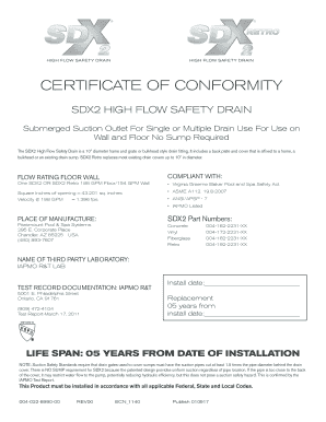 Sdx2 Retro High Flow Safety Drain Certificate of Conformity