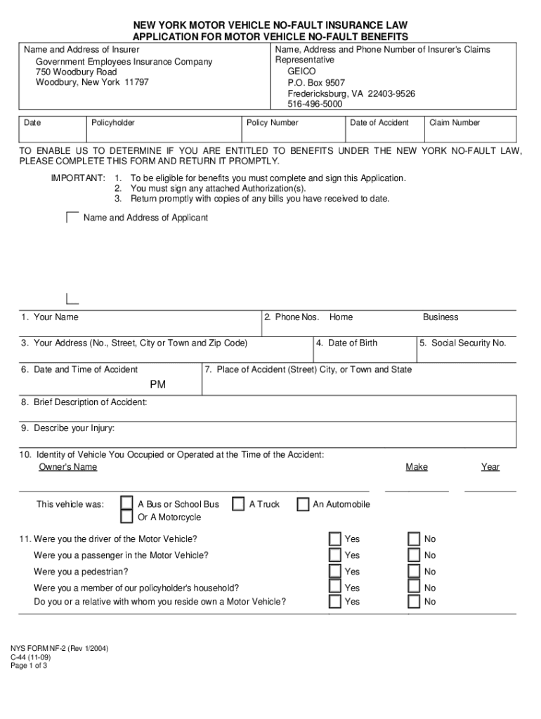 New York Motor Vehicle No Fault Insurance Law Geico  Form