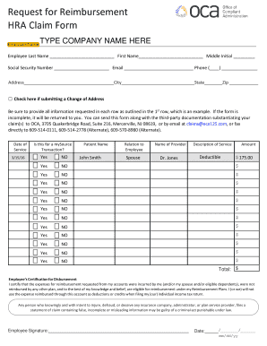 Request for Reimbursement HRA Claim Form OCA Benefit Services