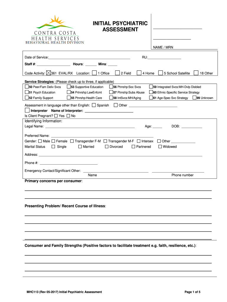  Psychiatric Assessment Form Template 2017-2024