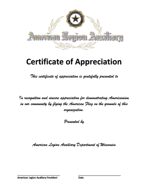 Certificate of Appreciation American Legion Auxiliary Department  Form