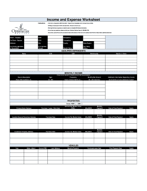 Income and Expense Worksheet Optima Tax Relief  Form