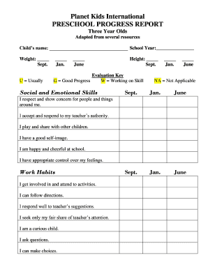 Preschool Progress Report Planet Kids  Form