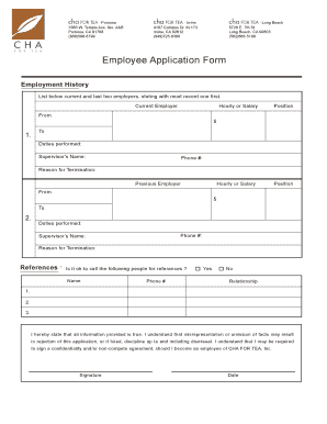 Employee Application Form Welcome to Cha for TEA