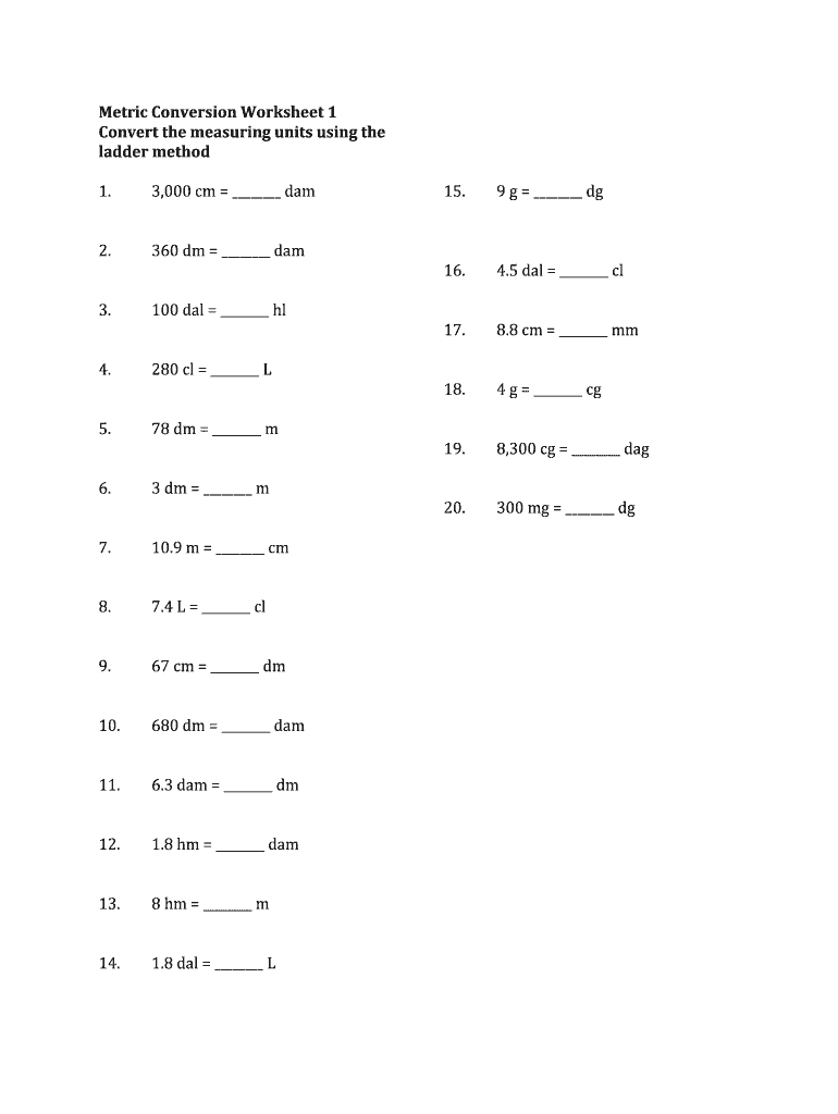 Metric Conversion Worksheet 1 Answer Key  Form