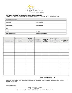 The Back Up Care Advantage Program Billing Invoice SUBMIT  Form