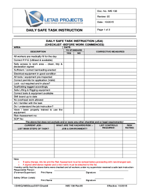 Daily Safety Task Instruction Examples  Form