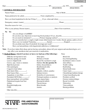 Pre Anesthesia Questionnaire  Form