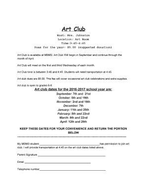 Art Club Permission Slip Template  Form