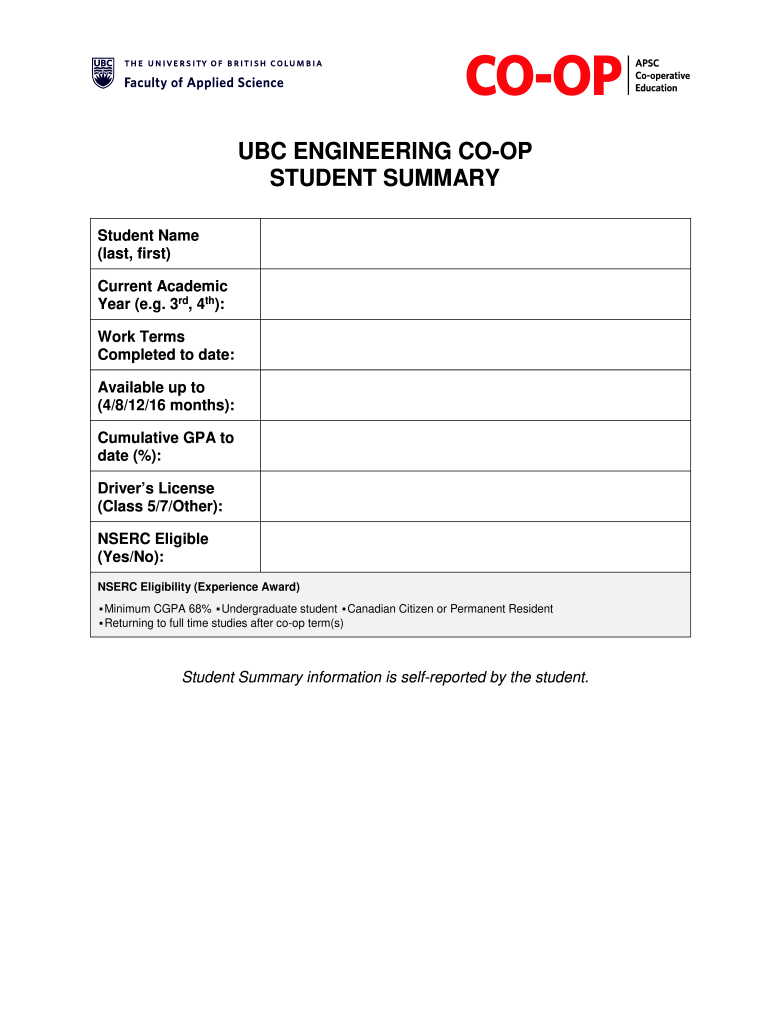 UBC ENGINEERING CO OP STUDENT SUMMARY  Form