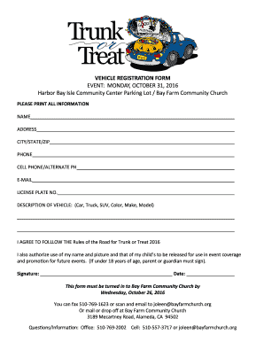 Trunk or Treat Vehicle Registration Form Bay Farm Community