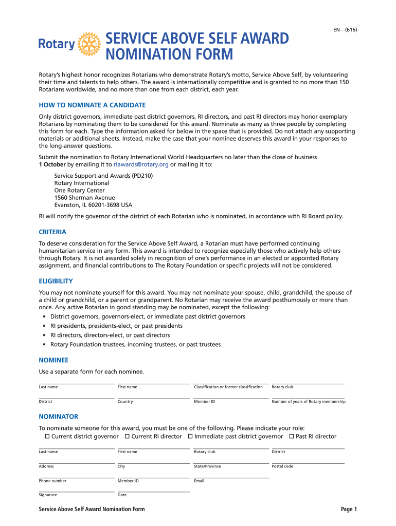 Rotary Service above Self Award  Form