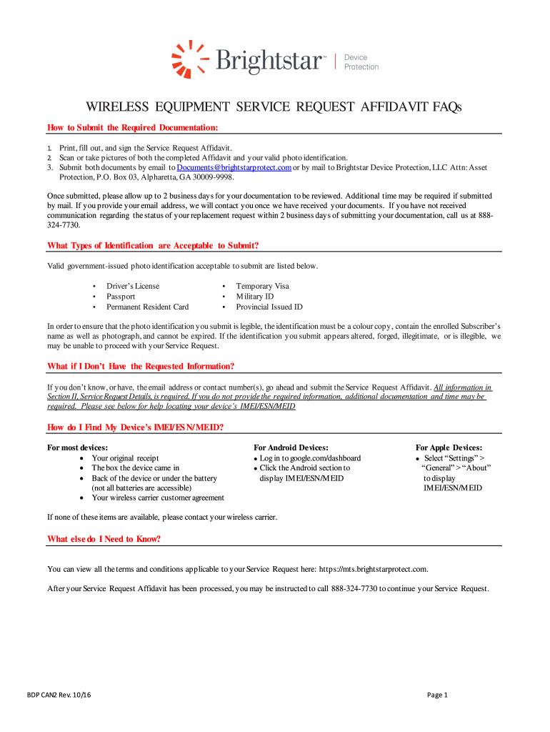 WIRELESS EQUIPMENT SERVICE REQUEST STATUTORY DECLARATION  Form