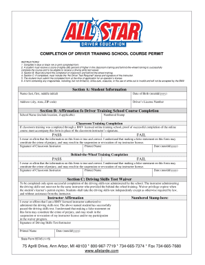 Brent Wall All Star Driver Education  Form