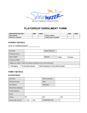 Playgroup Enrolment Form Shearwater the Mullumbimby