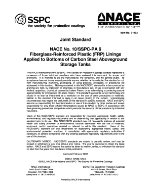 NACE No 10SSPC PA 6 Fiberglass Reinforced Plastic FRP Linings Applied to Bottoms of Carbon Steel Aboveground Storage Tanks  Form