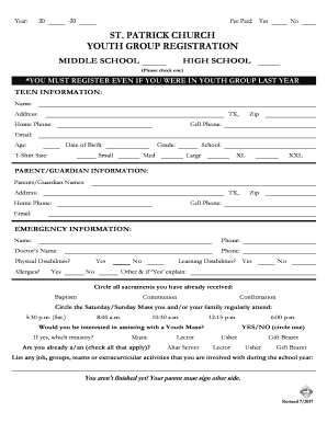 Youth Ministry Registration Form