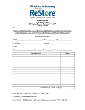 Donation Receipt True Value Company Spring Reunion  Form