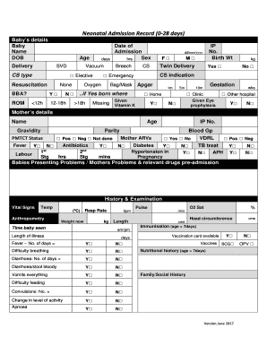 Neonatal Admission Record 0 28 Days  Form