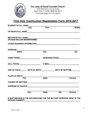 First Holy Communion Registration Form Our Lady of