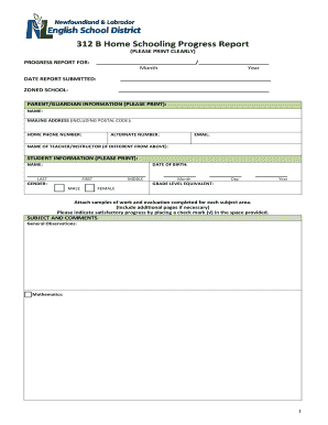 312 B Home Schooling Progress Report Newfoundland and  Form