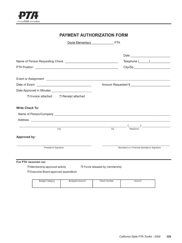 Get and Sign Pta Payment Authorization Form 2009-2022