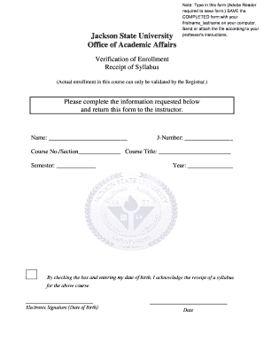 Verification of Syllabus Receipt Form Jackson State University