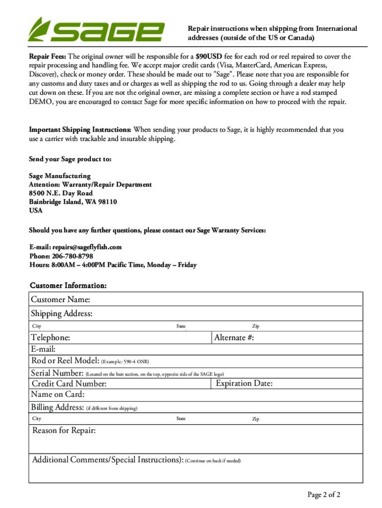 Sage Fly Rod Repair Form