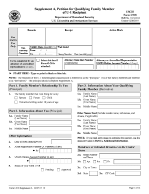  Form I 918 Supplement A, Petition for Qualifying Family Member of U 1 Recipient 2017