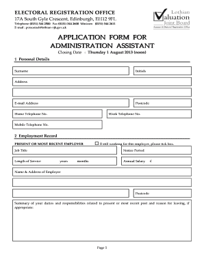 Application Form for Administration Assistant Lothian Valuation Joint