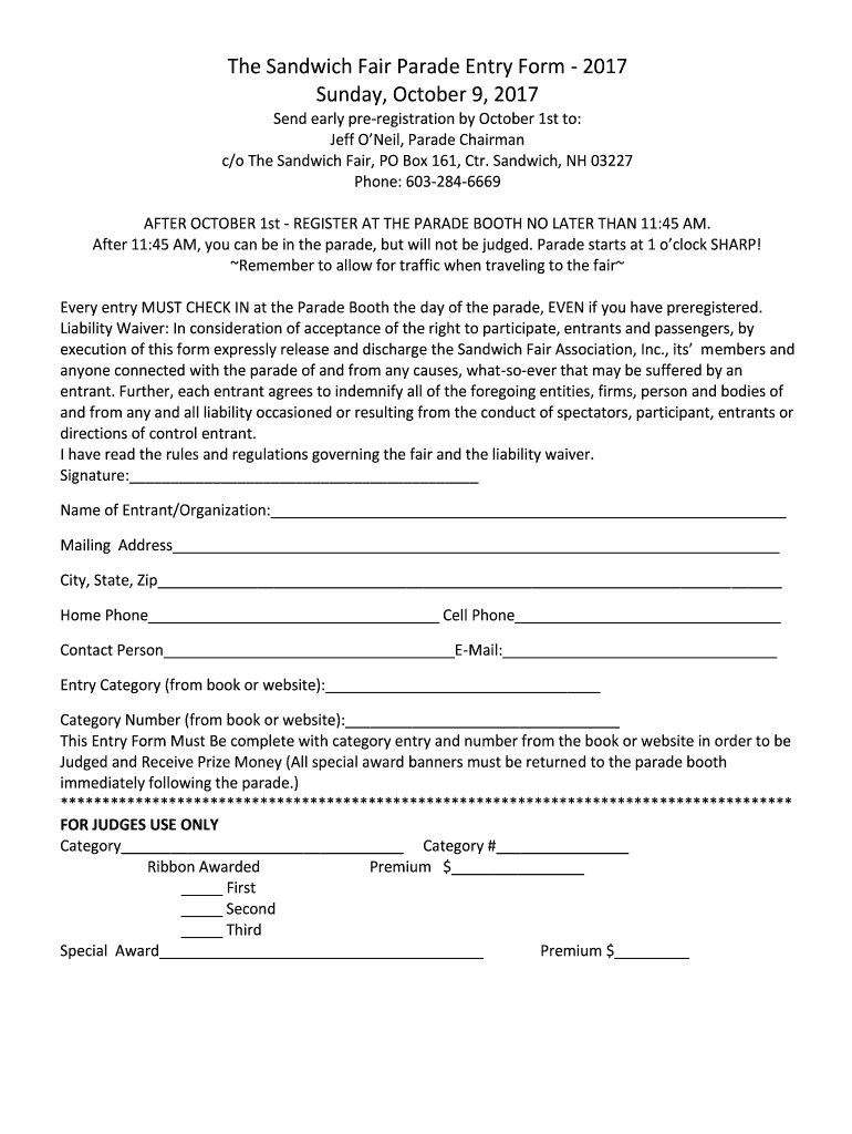  Sandwich Fair Nh Parade Entry Form 2017-2024