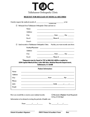 Tallahassee Orthopedic Clinic Medical Records  Form