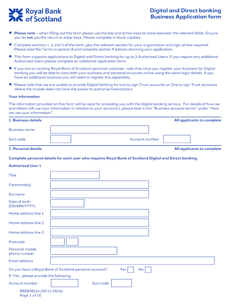  Digital and Direct Banking Business Application Form RBS 2016