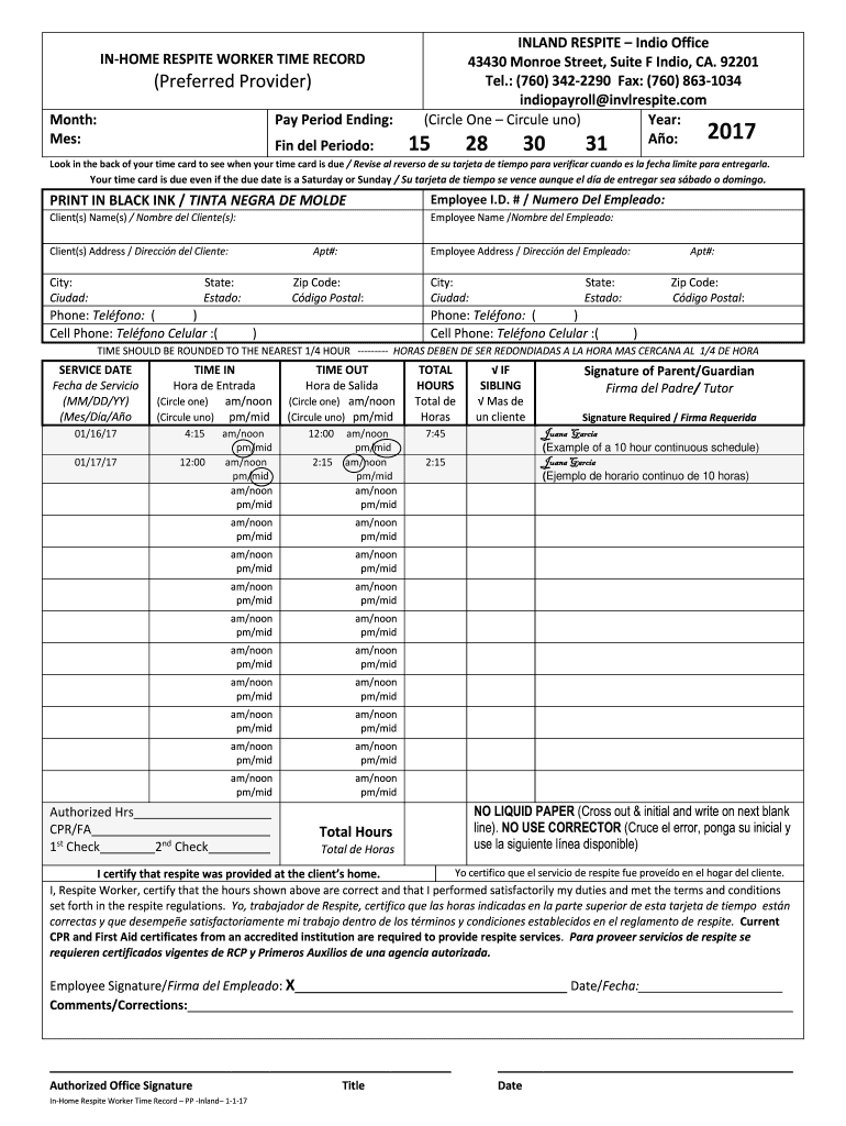 Inland Respite Timesheet  Form