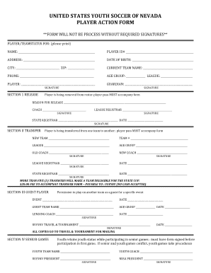 United States Youth Soccer of Nevada Player Action Form Las Vegas