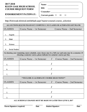  KLEIN OAK HIGH SCHOOL COURSE REQUEST FORM 2017-2024