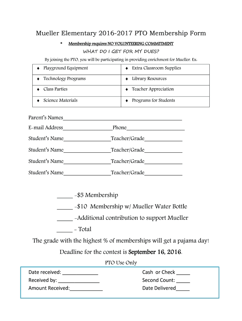 Mueller Elementary PTO Membership Form $5