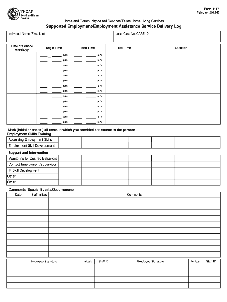  Supported EmploymentEmployment Assistance Service Delivery Log Form 4117 2012