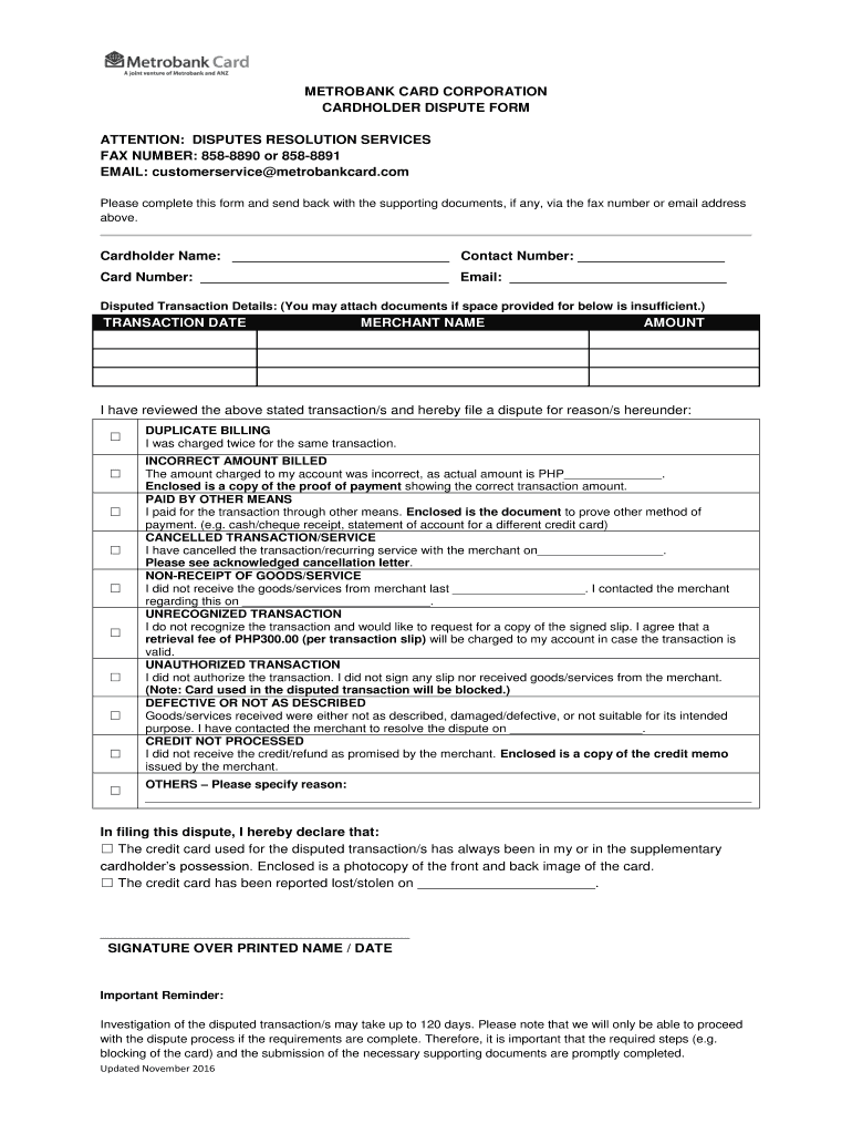  Metrobank Client Dispute Form 2016-2024