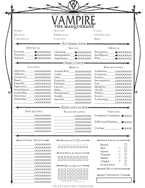 Vampire: The Masquerade 5th Edition Roleplaying Game PDF Fillable Character  Sheet