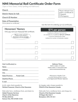 Nazarene Memorial Roll  Form