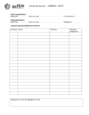 Feuille De Tournoi URBSFA ACFF  Form