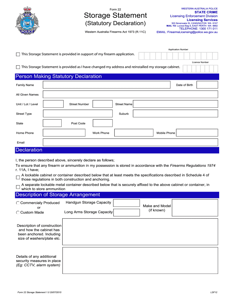  Form 22 Storage Statement LSF12 2015-2023