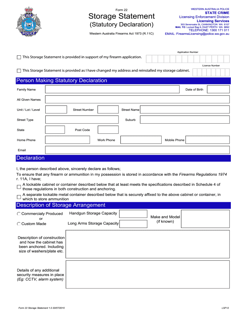  Form 22 Storage Statement LSF12 2015-2024