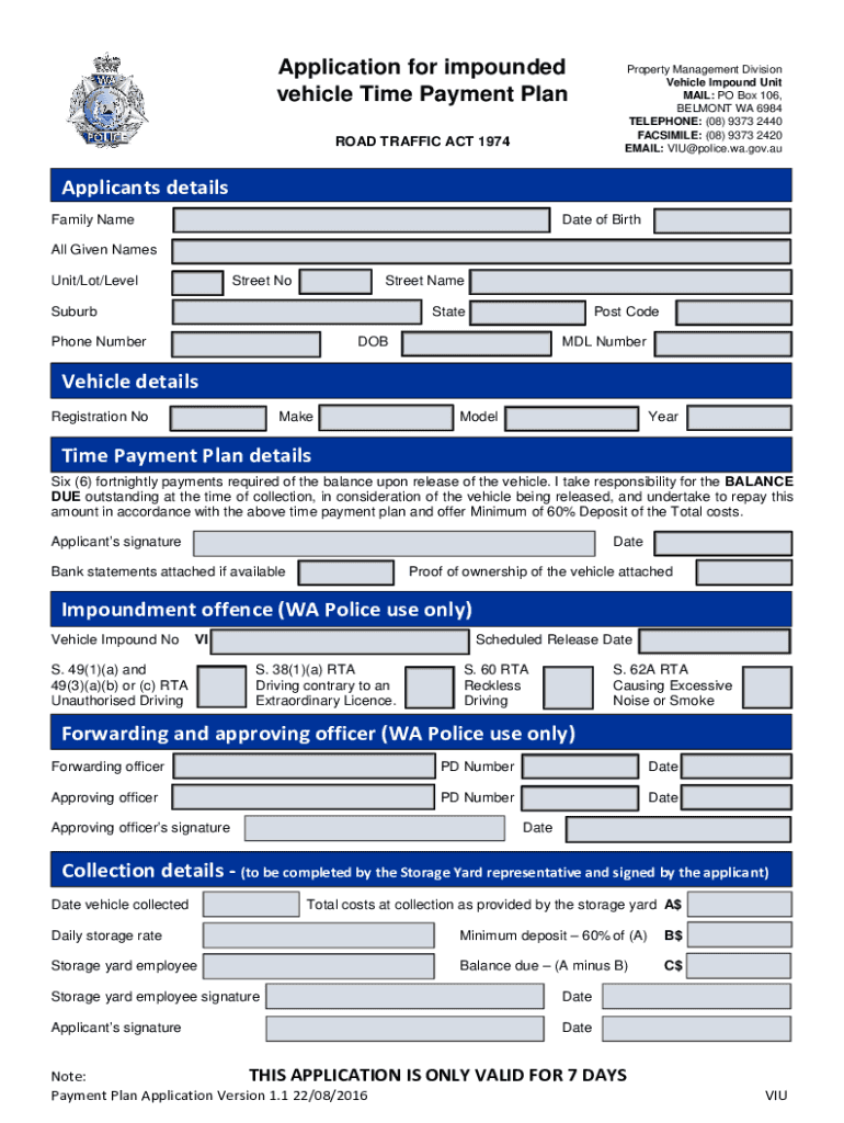 Payment Plan for Impounded Car  Form