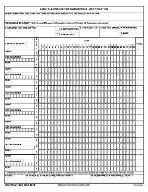 DD Form 1475, Basic Allowance for Subsistence Certification, January 1973