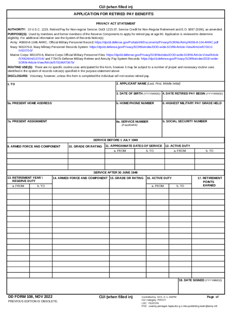  DD Form 108, Application for Retired Pay Benefits, July 2022-2024
